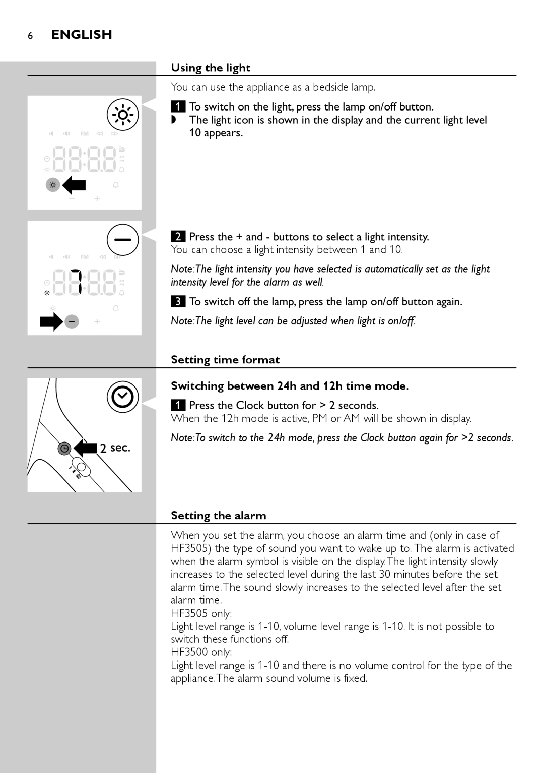 Philips HF3505, HF3500 manual Using the light, To switch off the lamp, press the lamp on/off button again, Setting the alarm 